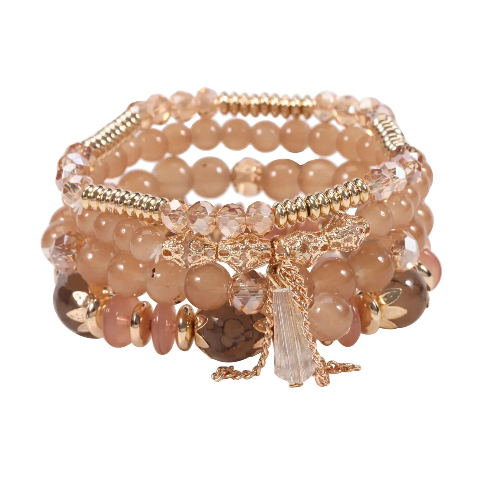Pink Beaded Multi Layer Bracelet with Gold Leaf Pendants - Image 23