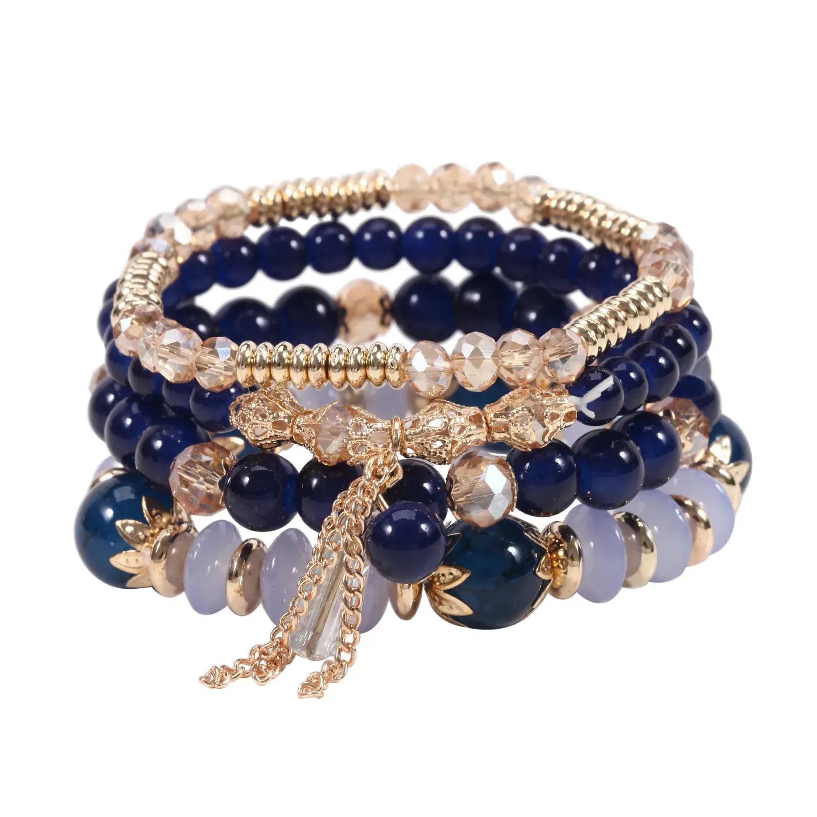 Pink Beaded Multi Layer Bracelet with Gold Leaf Pendants - Image 24