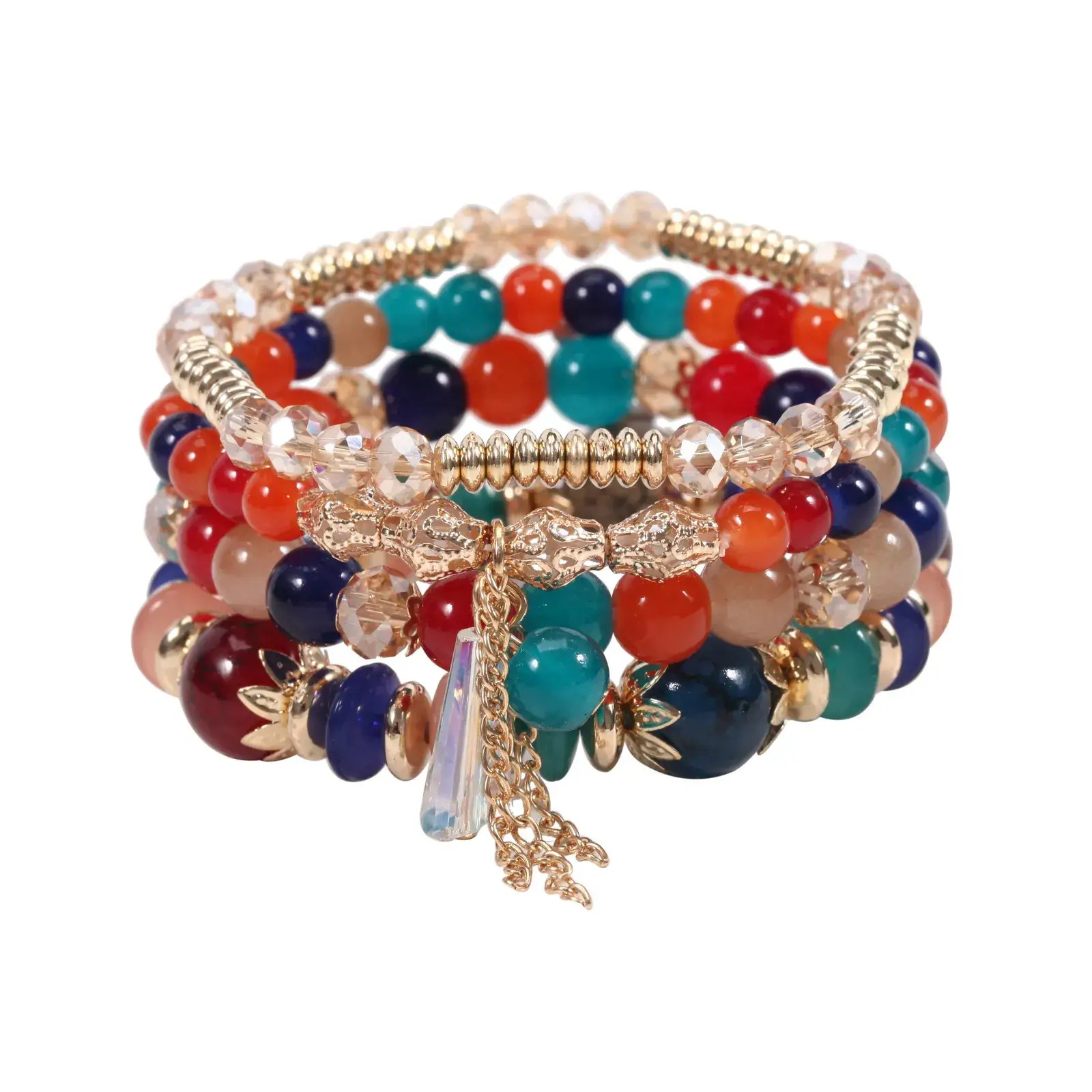 Pink Beaded Multi Layer Bracelet with Gold Leaf Pendants - Image 25