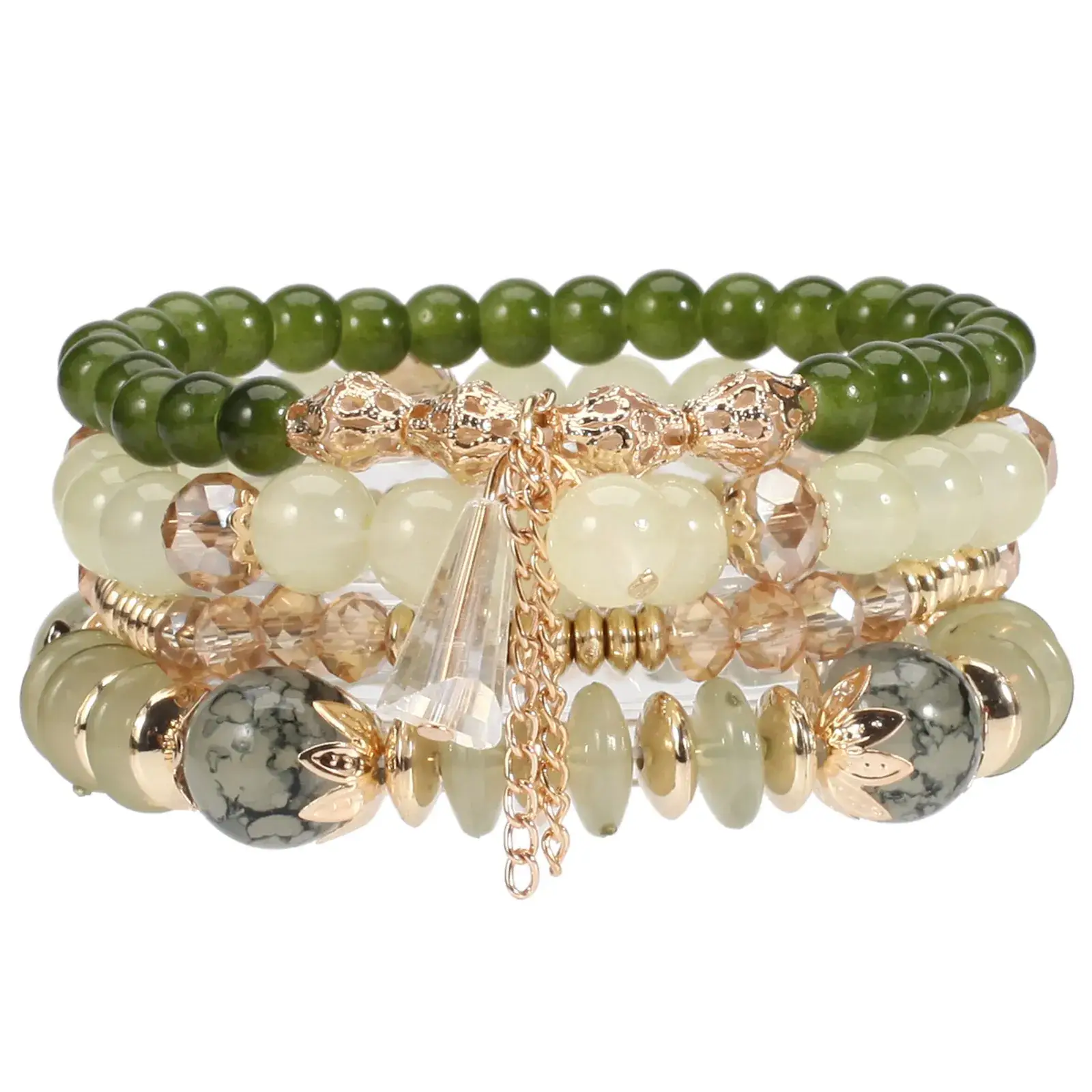 Pink Beaded Multi Layer Bracelet with Gold Leaf Pendants - Image 26