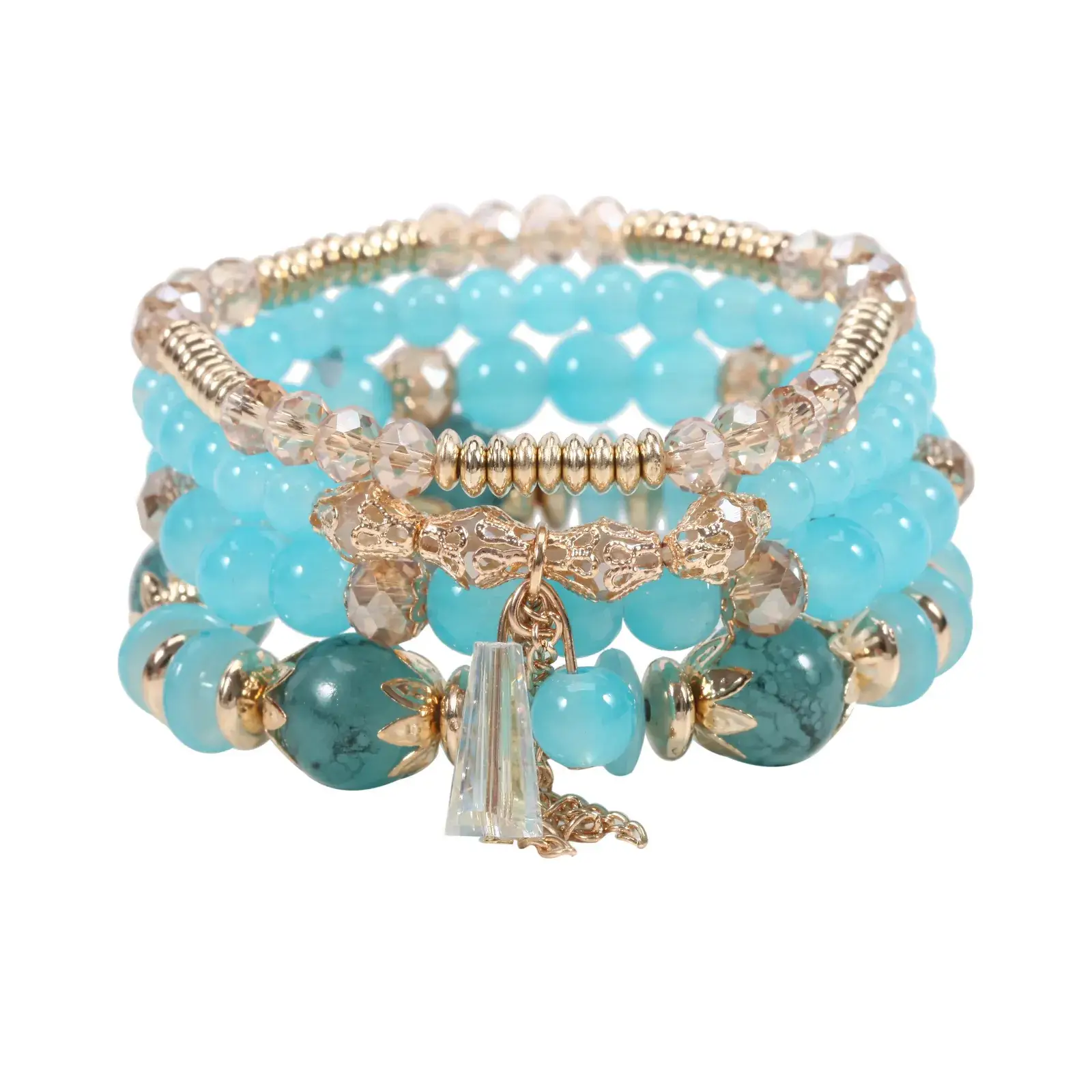 Pink Beaded Multi Layer Bracelet with Gold Leaf Pendants - Image 27