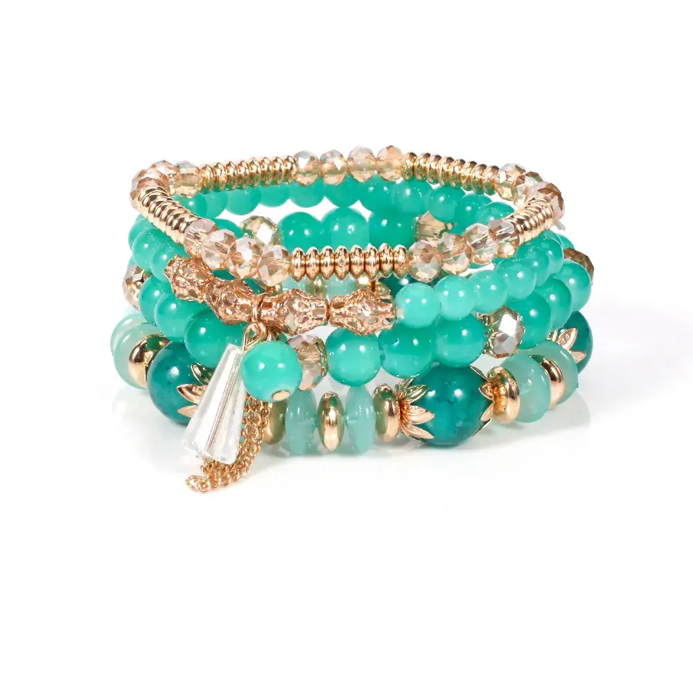 Pink Beaded Multi Layer Bracelet with Gold Leaf Pendants - Image 28
