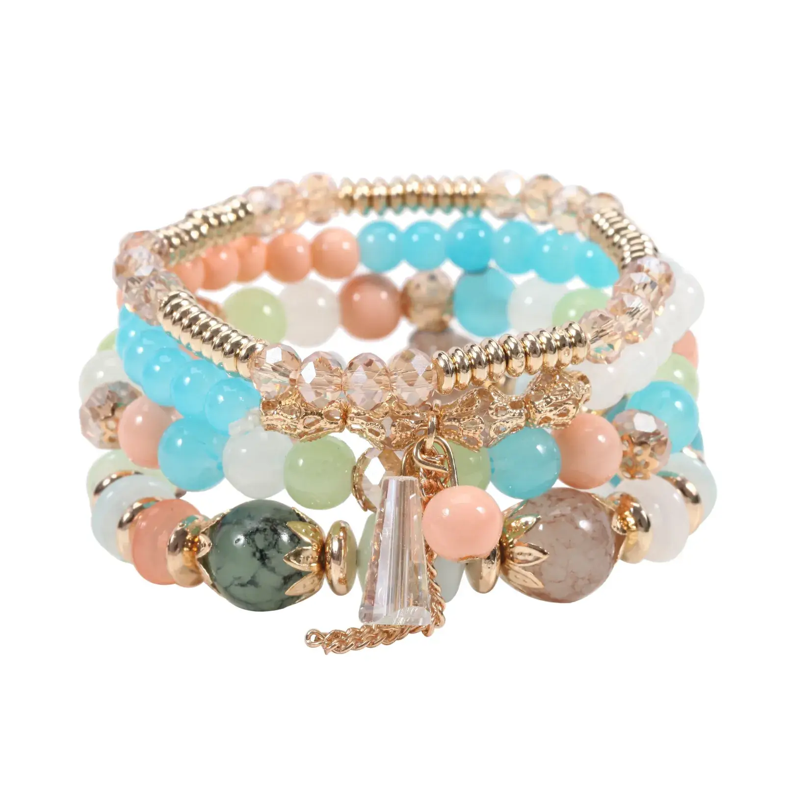 Pink Beaded Multi Layer Bracelet with Gold Leaf Pendants - Image 29