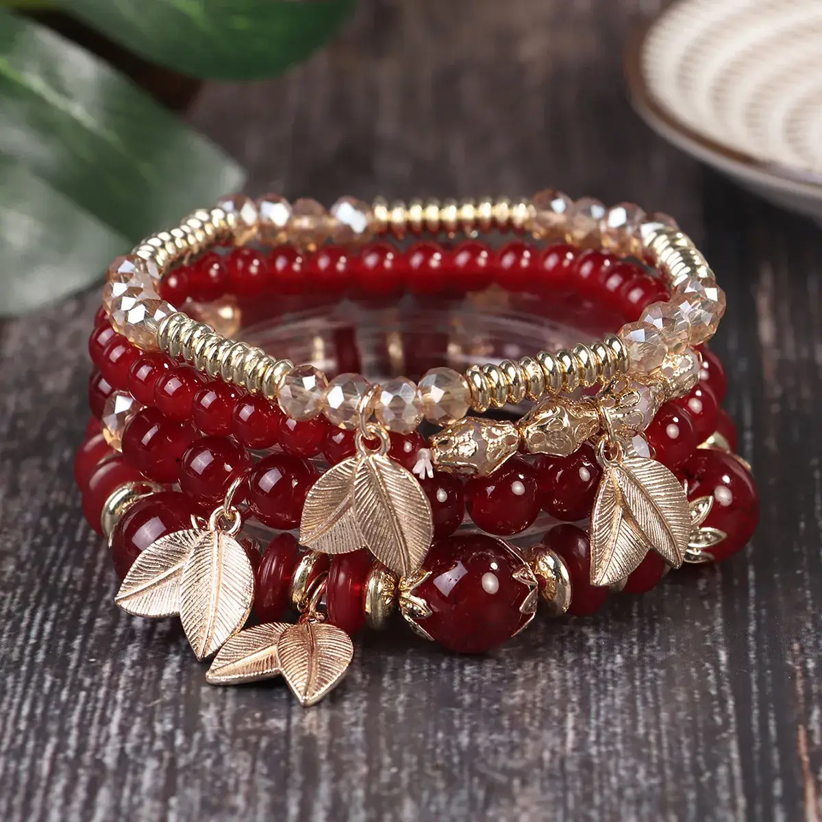 Pink Beaded Multi Layer Bracelet with Gold Leaf Pendants - Image 3