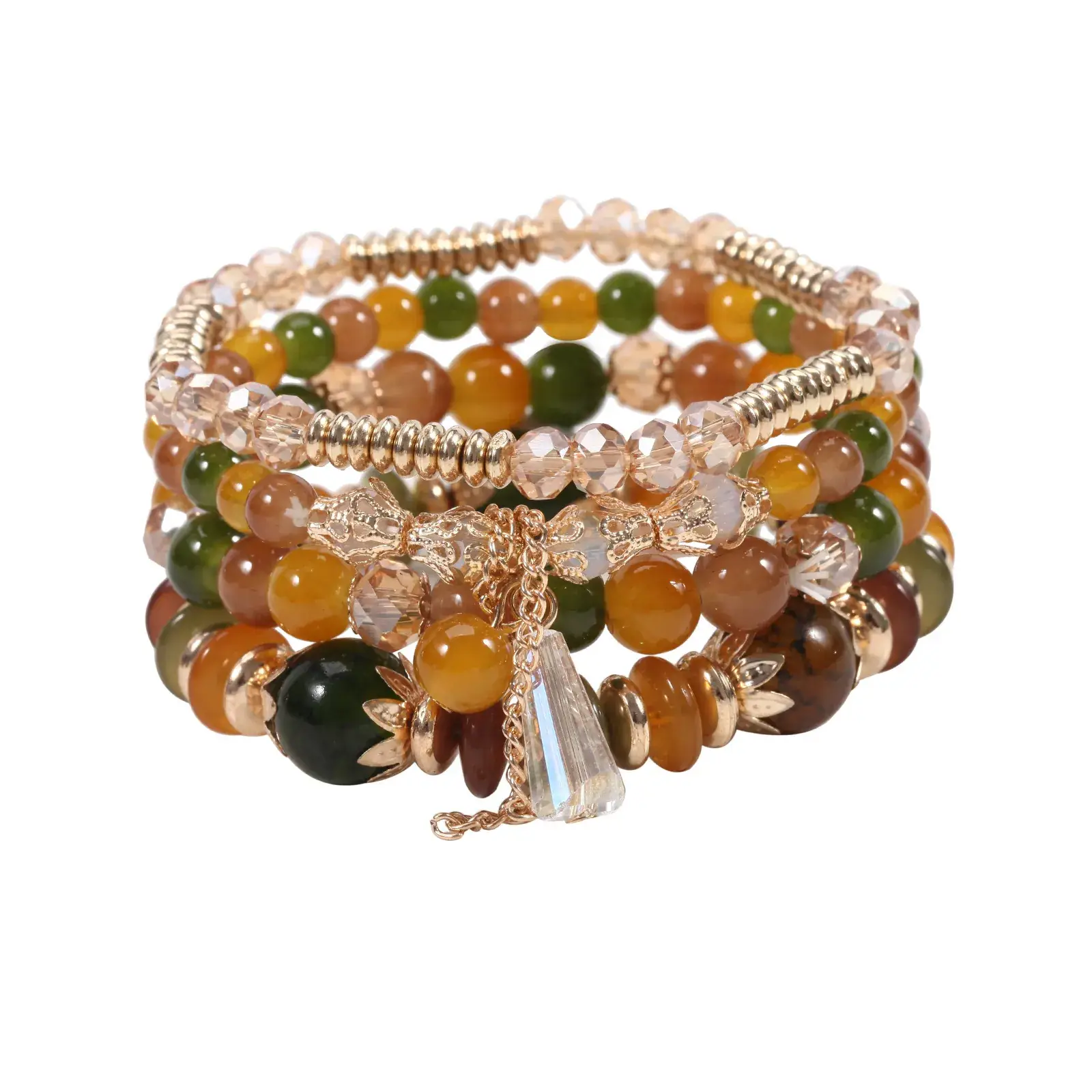 Pink Beaded Multi Layer Bracelet with Gold Leaf Pendants - Image 30