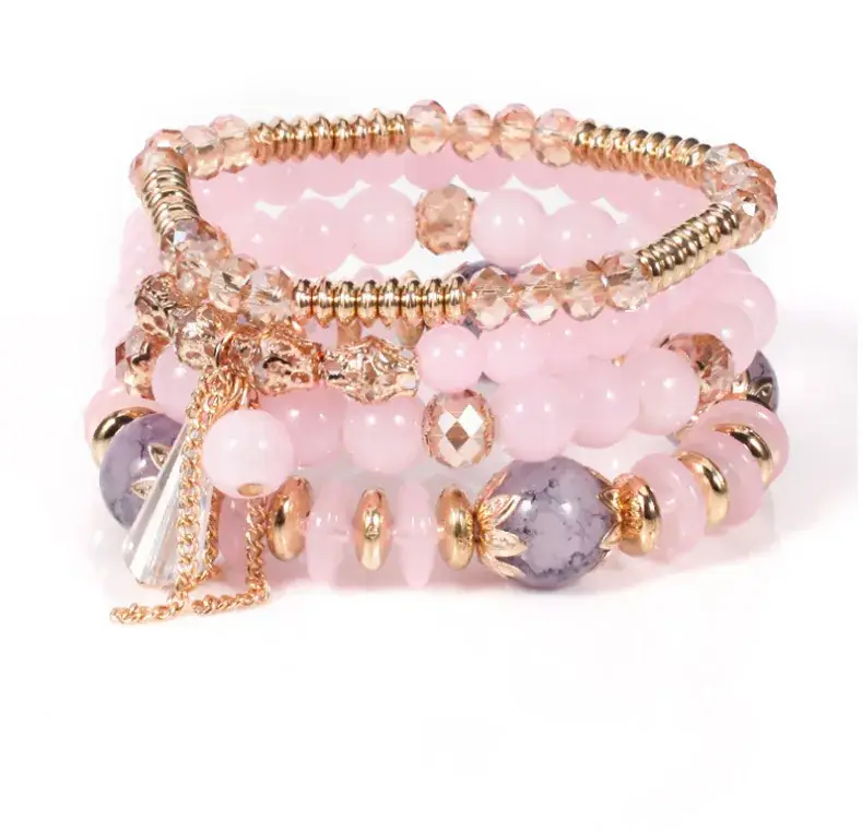 Pink Beaded Multi Layer Bracelet with Gold Leaf Pendants - Image 31