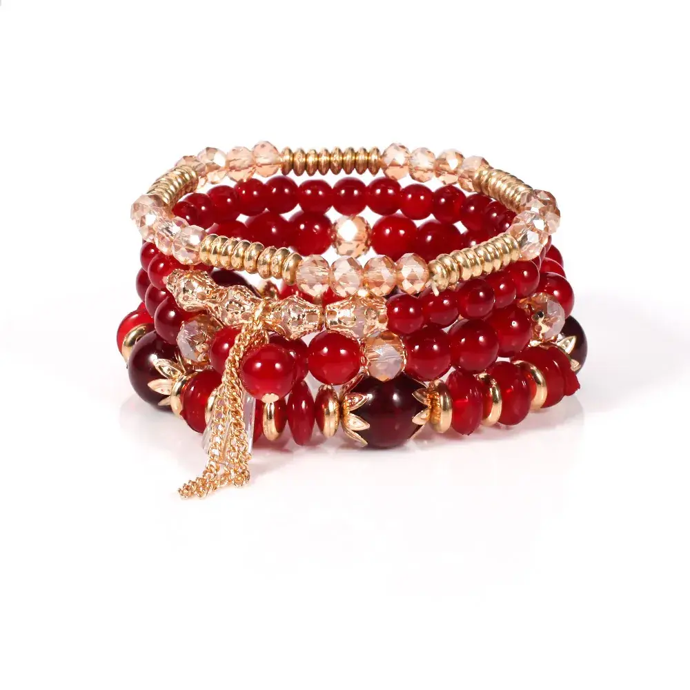 Pink Beaded Multi Layer Bracelet with Gold Leaf Pendants - Image 32