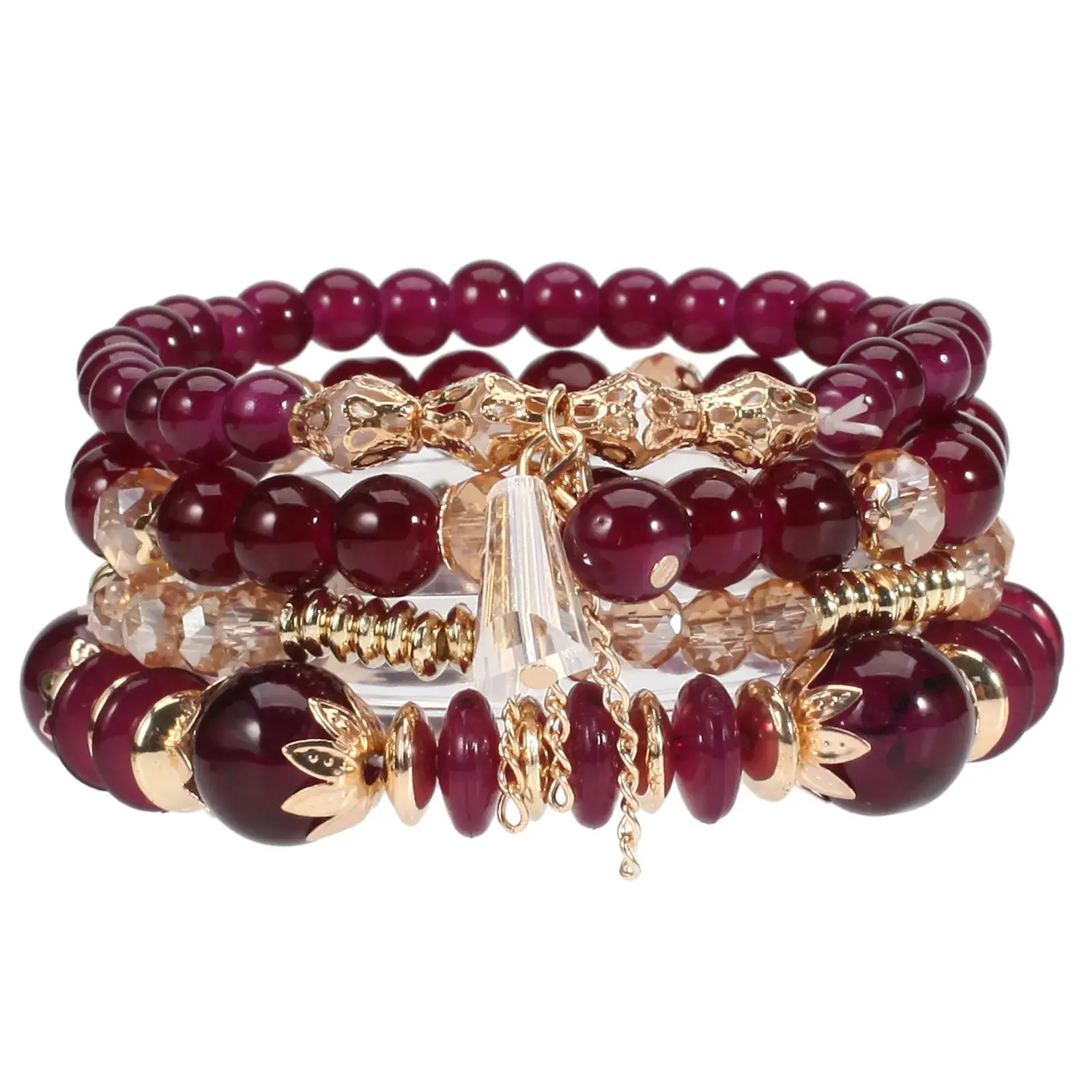 Pink Beaded Multi Layer Bracelet with Gold Leaf Pendants - Image 33