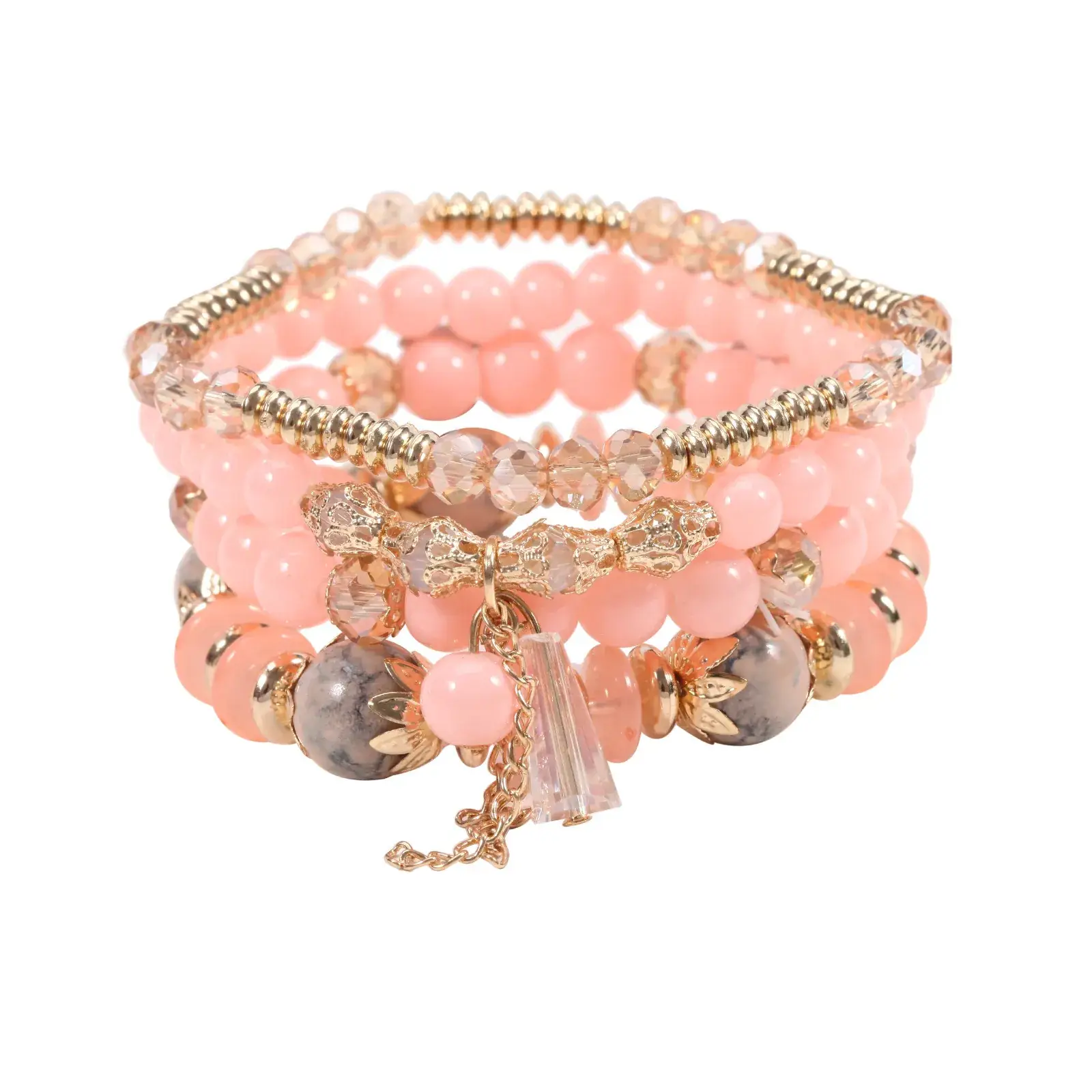 Pink Beaded Multi Layer Bracelet with Gold Leaf Pendants - Image 34