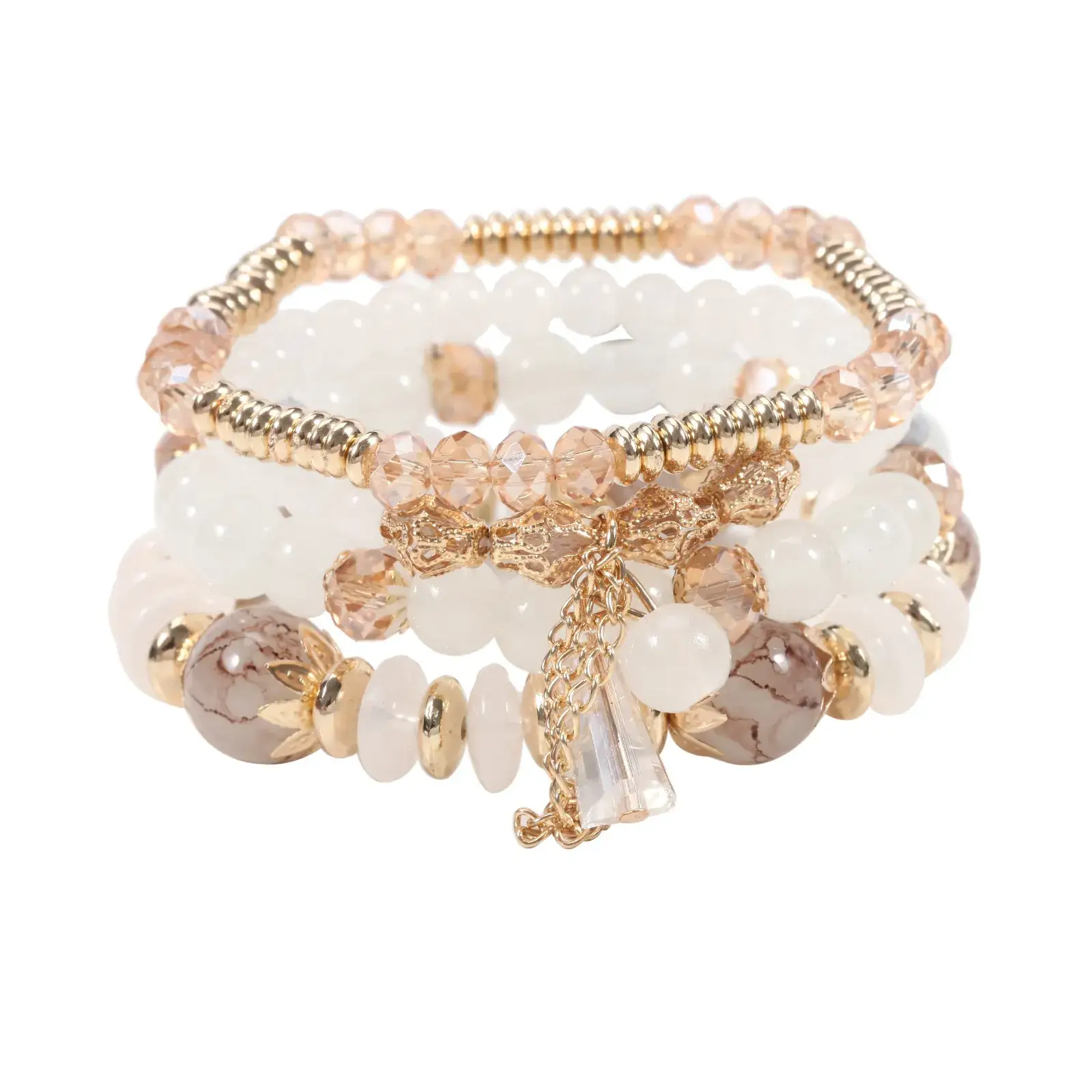 Pink Beaded Multi Layer Bracelet with Gold Leaf Pendants - Image 35