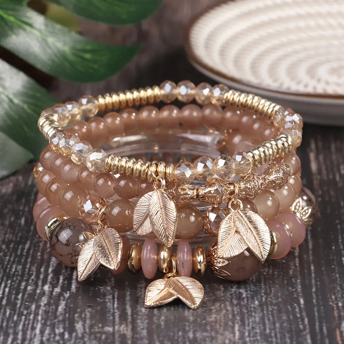 Pink Beaded Multi Layer Bracelet with Gold Leaf Pendants - Image 5
