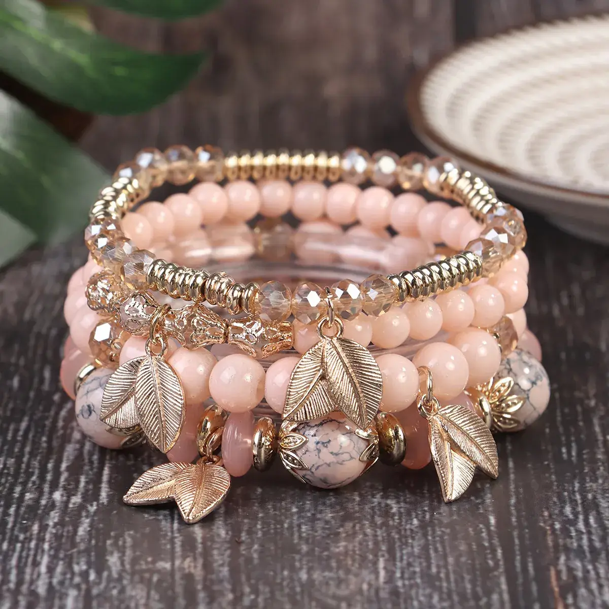 Pink Beaded Multi Layer Bracelet with Gold Leaf Pendants - Image 6