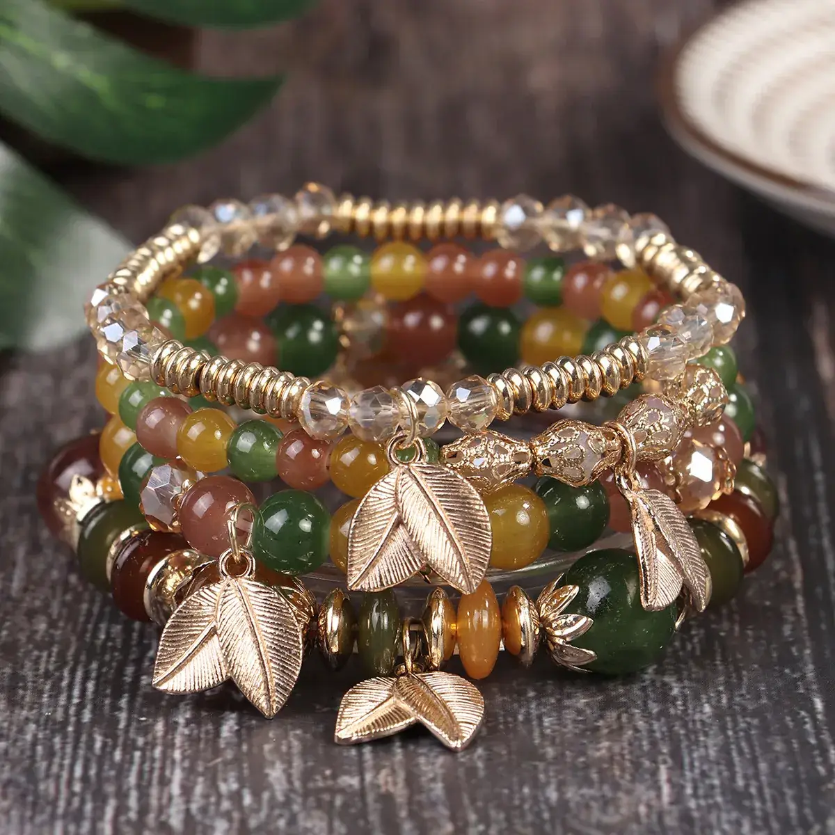Pink Beaded Multi Layer Bracelet with Gold Leaf Pendants - Image 7