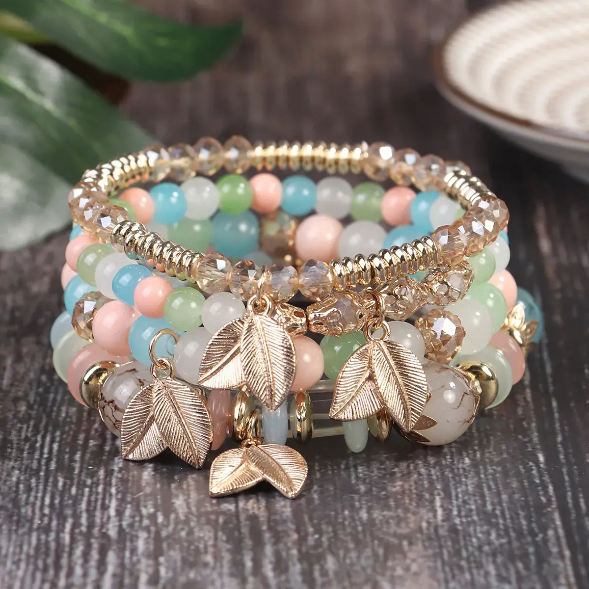 Pink Beaded Multi Layer Bracelet with Gold Leaf Pendants - Image 8