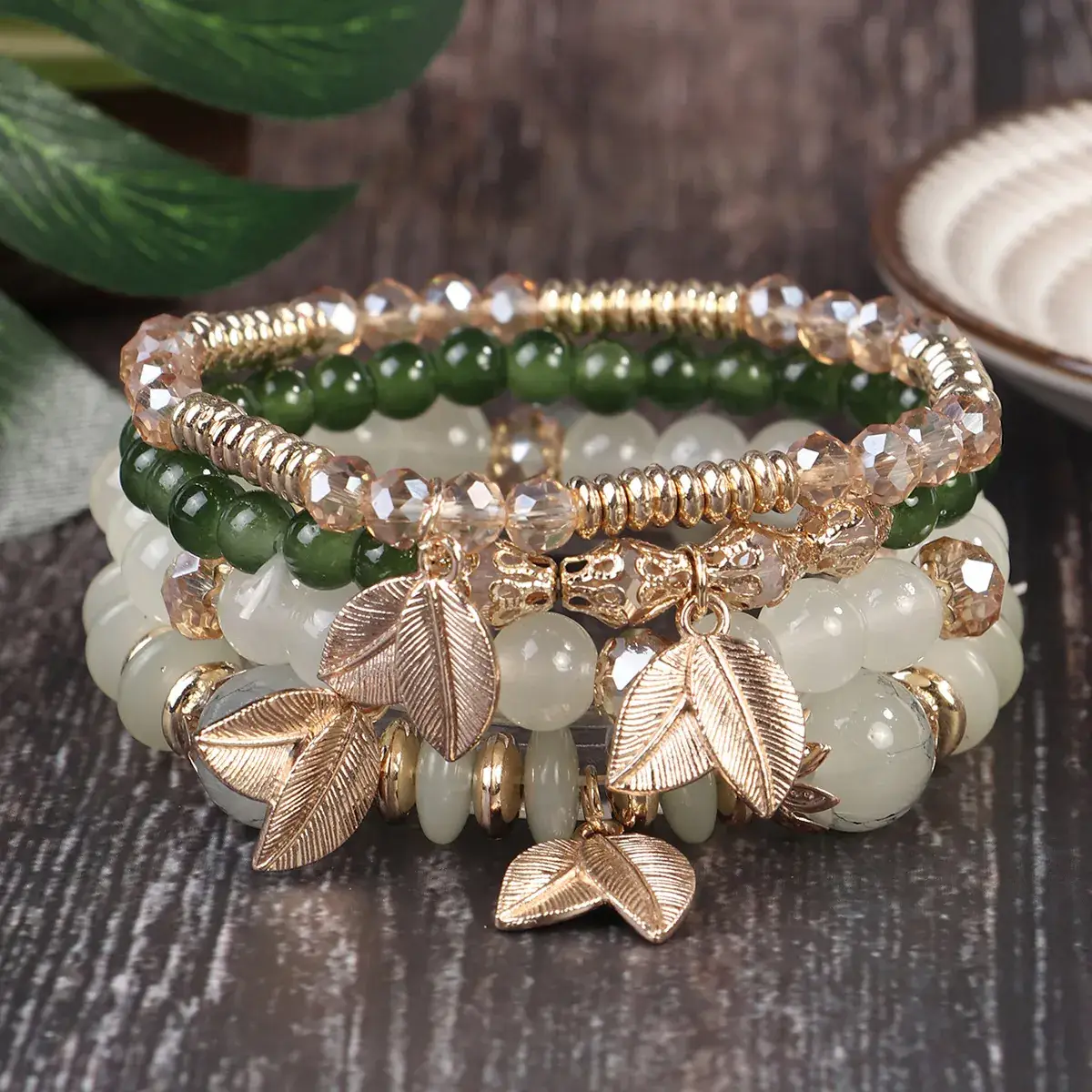 Pink Beaded Multi Layer Bracelet with Gold Leaf Pendants - Image 9