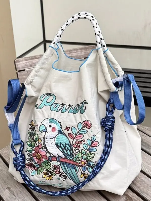 Japanese-style Chain Embroidered Shopping Bag Black Large Capacity - Image 9
