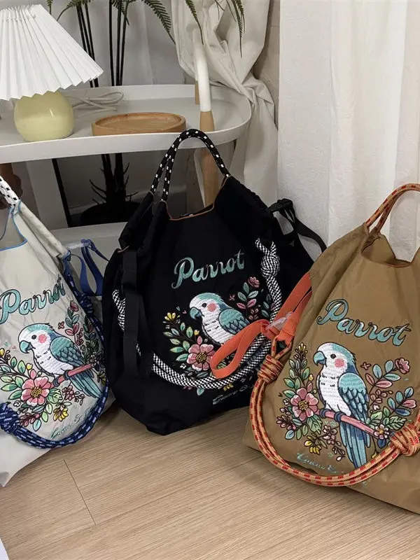 Japanese-style Chain Embroidered Shopping Bag Black Large Capacity - Image 10