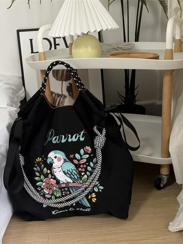 Japanese-style Chain Embroidered Shopping Bag Black Large Capacity - Image 11
