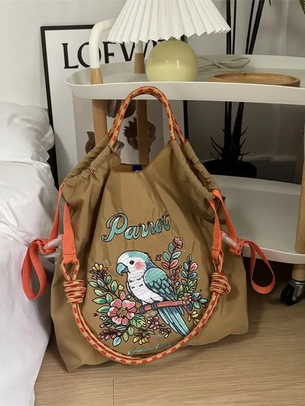Japanese-style Chain Embroidered Shopping Bag Black Large Capacity - Image 12