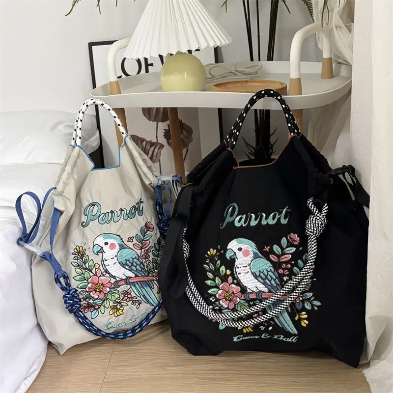 Japanese-style Chain Embroidered Shopping Bag Black Large Capacity — feature 11