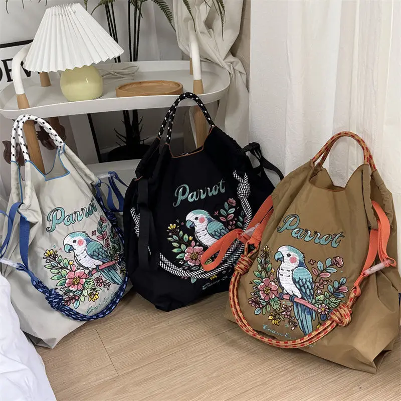 Japanese-style Chain Embroidered Shopping Bag Black Large Capacity — feature 12