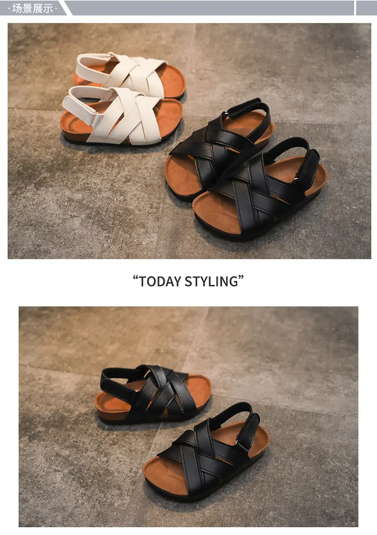 Spring and summer children's cork sandals student boy's one-word shoes baby girl's flip-flops fashionable beach Korean style — feature 2