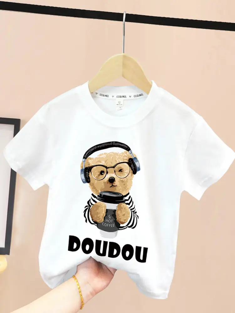 Pink Cotton T-Shirt with Baby Bear Print for Boys Girls 2024