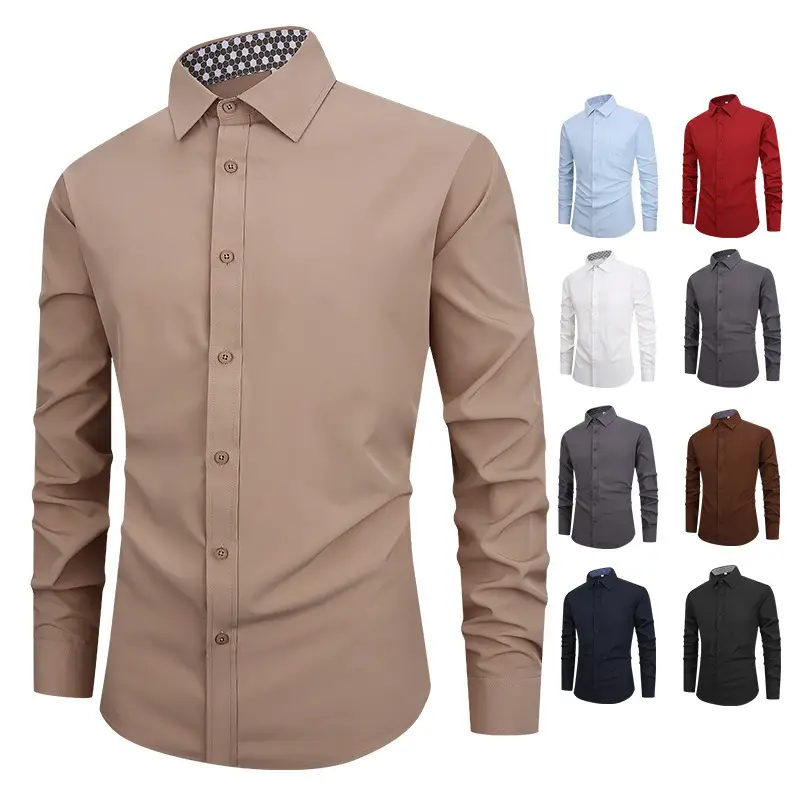 Men's Long Sleeve Slim Fit Business Shirt Brown - Image 11