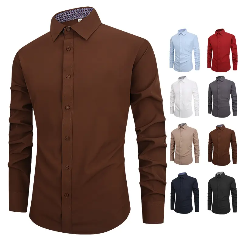 Men's Long Sleeve Slim Fit Business Shirt Brown - Image 13