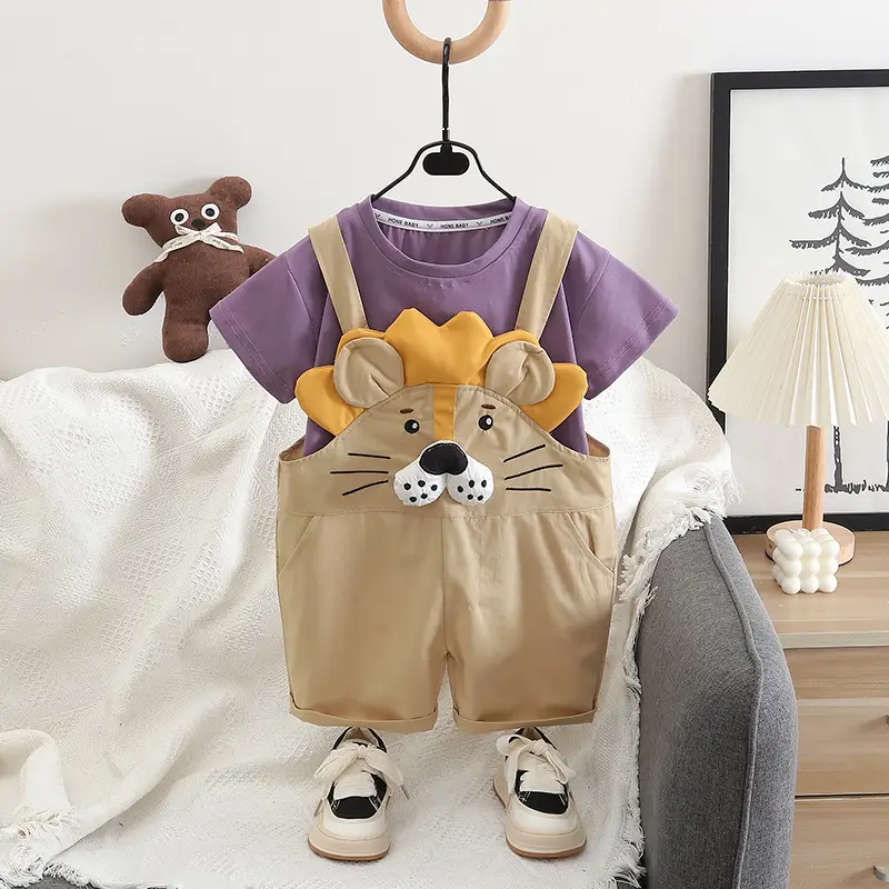 Children Cotton T-Shirt Shorts Set Brown Cat Print Summer