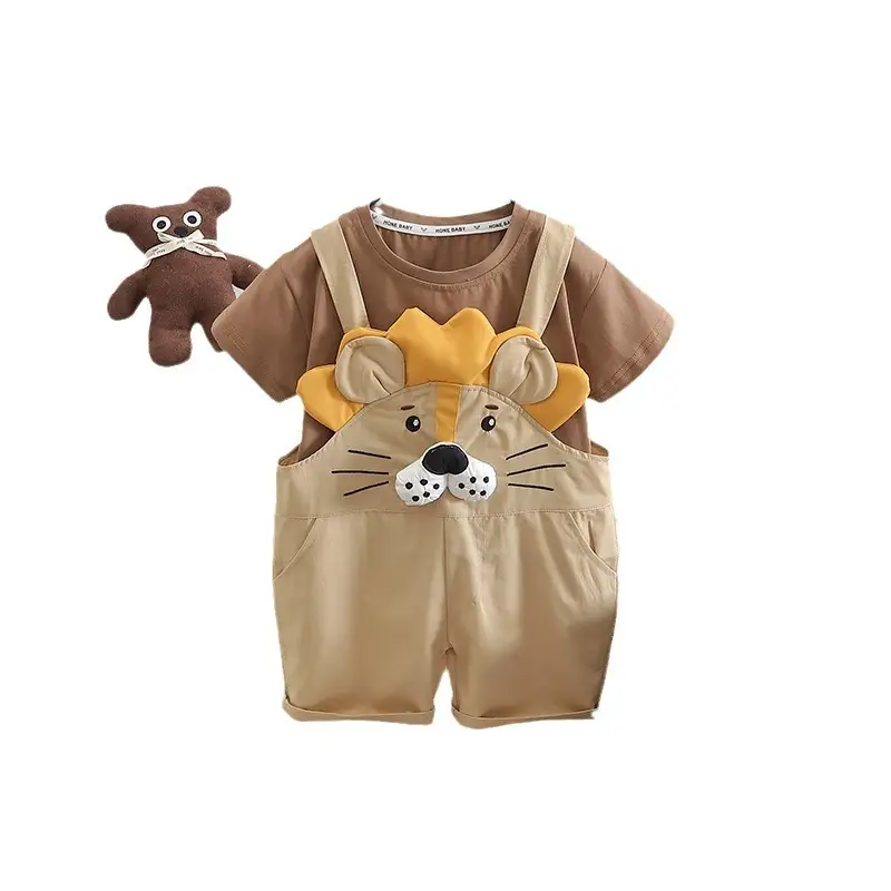 Children Cotton T-Shirt Shorts Set Brown Cat Print Summer