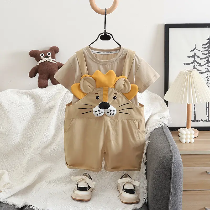 Children Cotton T-Shirt Shorts Set Brown Cat Print Summer — feature 1