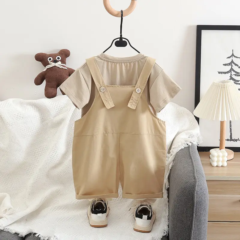 Children Cotton T-Shirt Shorts Set Brown Cat Print Summer — feature 2