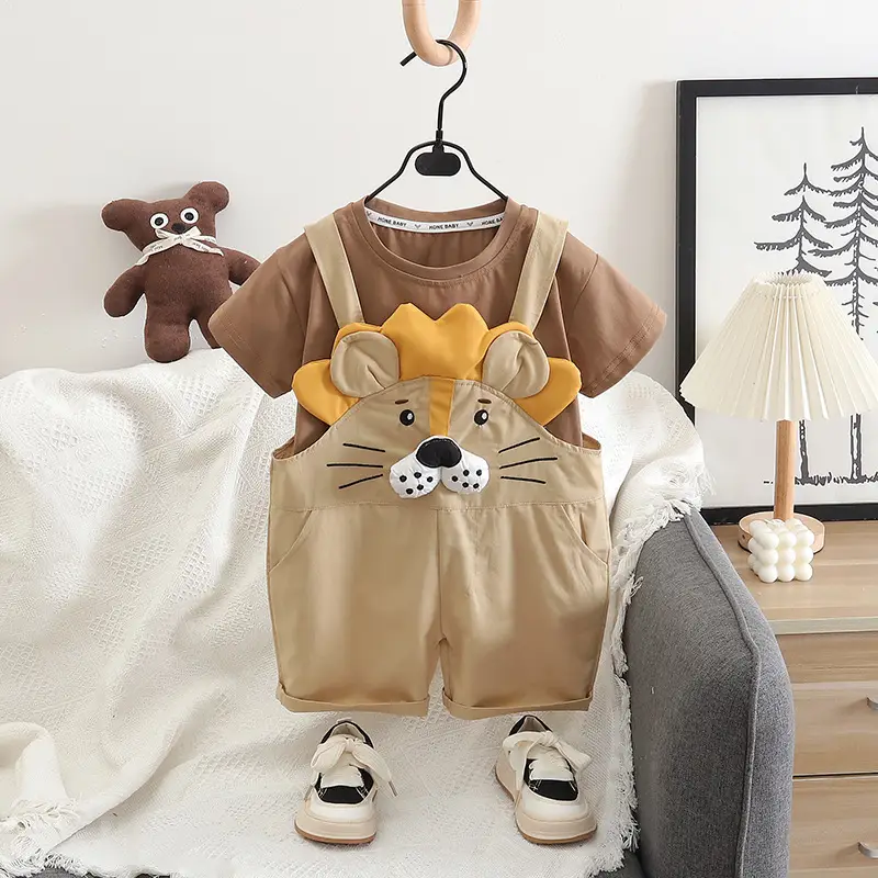 Children Cotton T-Shirt Shorts Set Brown Cat Print Summer — feature 3