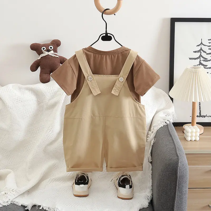 Children Cotton T-Shirt Shorts Set Brown Cat Print Summer — feature 4