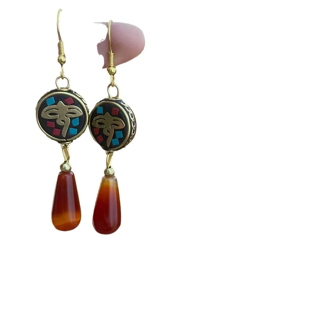 Nepali Ethnic Xizang Style Earrings Vintage Elegant Niche Earrings Natural Stone Design Chalcedony Earrings Personalized Women