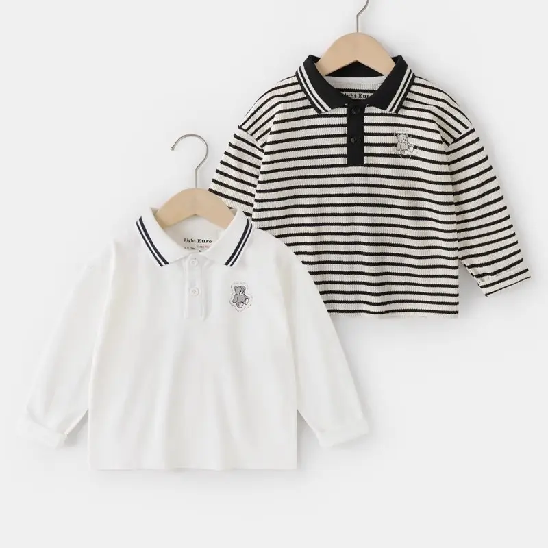 Boys' Striped Polo Shirt with Bear Print & Cotton Blend