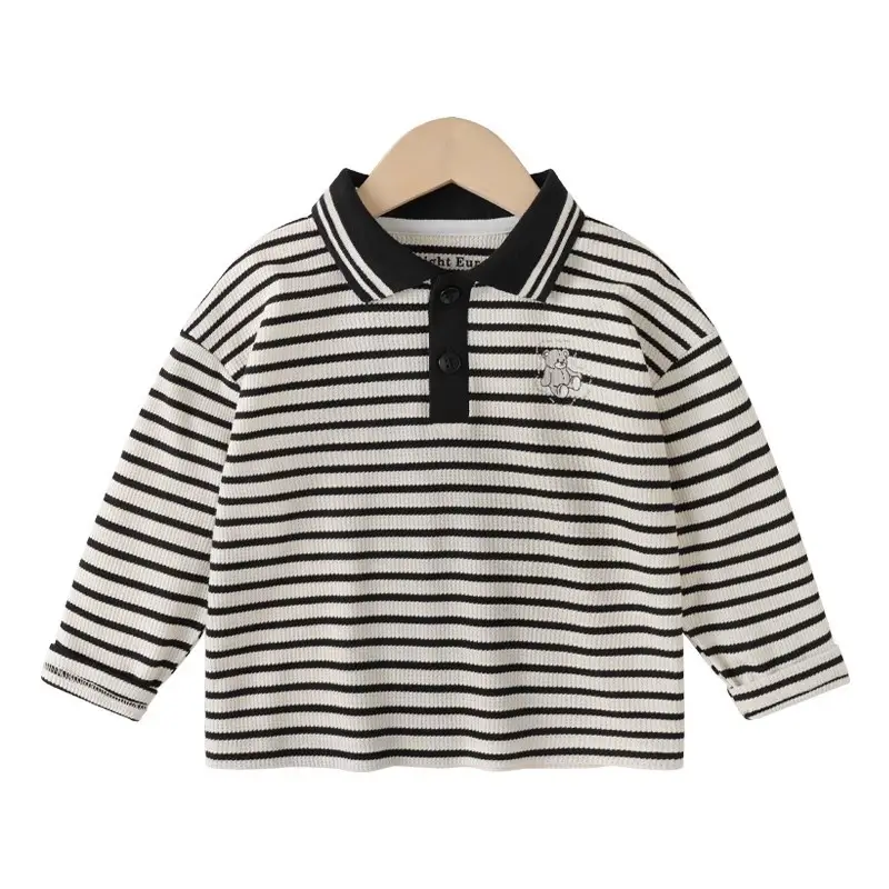 Boys' Striped Polo Shirt with Bear Print & Cotton Blend