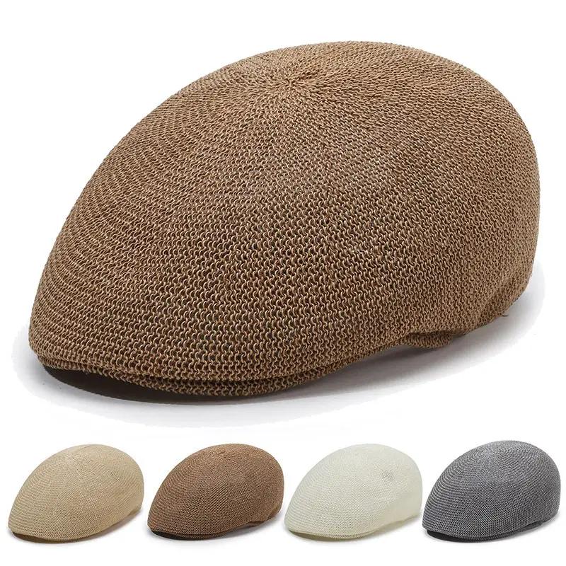 Men Straw Beret Hat Brown Mesh Outdoor Sun Hat — feature 1