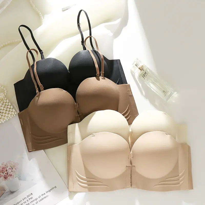 Front-Clasp Push-Up Bra, Strapless, Non-Slip, Lift-Up, Thickened for Small Busts, Invisible Seamless Bandeau Bra for Women