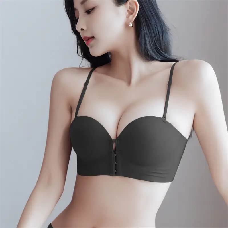 Front-Clasp Push-Up Bra, Strapless, Non-Slip, Lift-Up, Thickened for Small Busts, Invisible Seamless Bandeau Bra for Women
