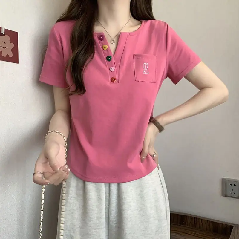 Plus Size Korean Style V Neck Right Shoulder Short-Sleeved T-Shirt for Women 2024 Summer New Fat mm Loose Short Top for Small People