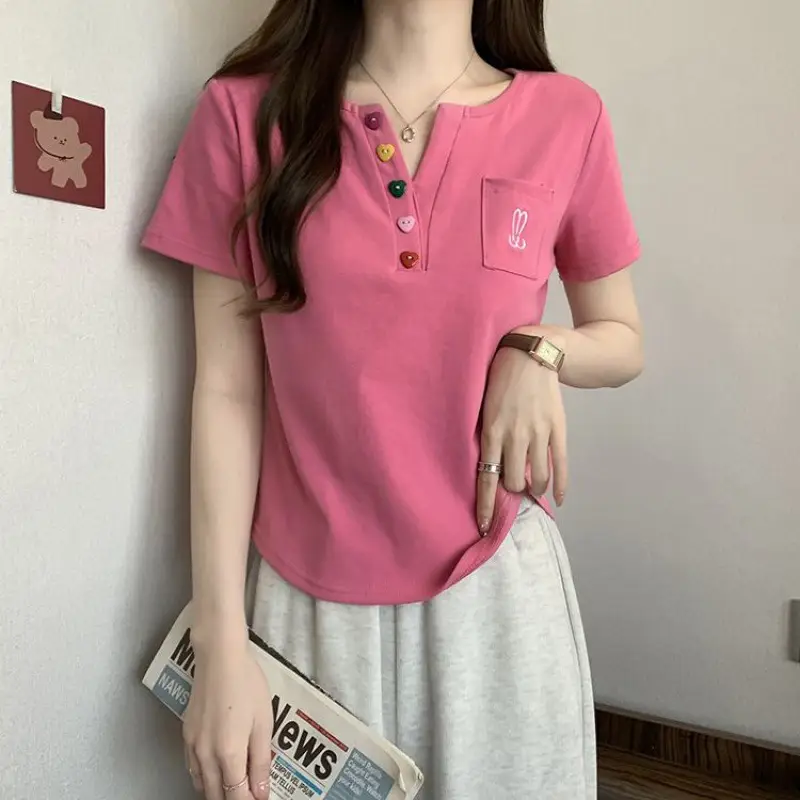 Plus Size Korean Style V Neck Right Shoulder Short-Sleeved T-Shirt for Women 2024 Summer New Fat mm Loose Short Top for Small People
