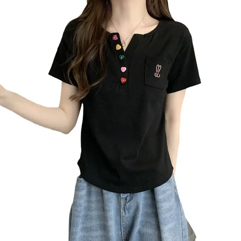 Plus Size Korean Style V Neck Right Shoulder Short-Sleeved T-Shirt for Women 2024 Summer New Fat mm Loose Short Top for Small People