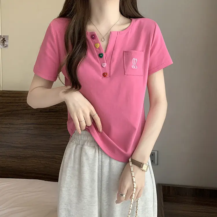 Plus Size Korean Style V Neck Right Shoulder Short-Sleeved T-Shirt for Women 2024 Summer New Fat mm Loose Short Top for Small People — feature 11