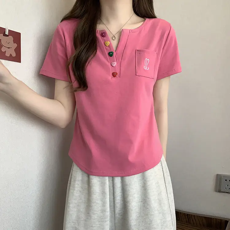 Plus Size Korean Style V Neck Right Shoulder Short-Sleeved T-Shirt for Women 2024 Summer New Fat mm Loose Short Top for Small People — feature 12