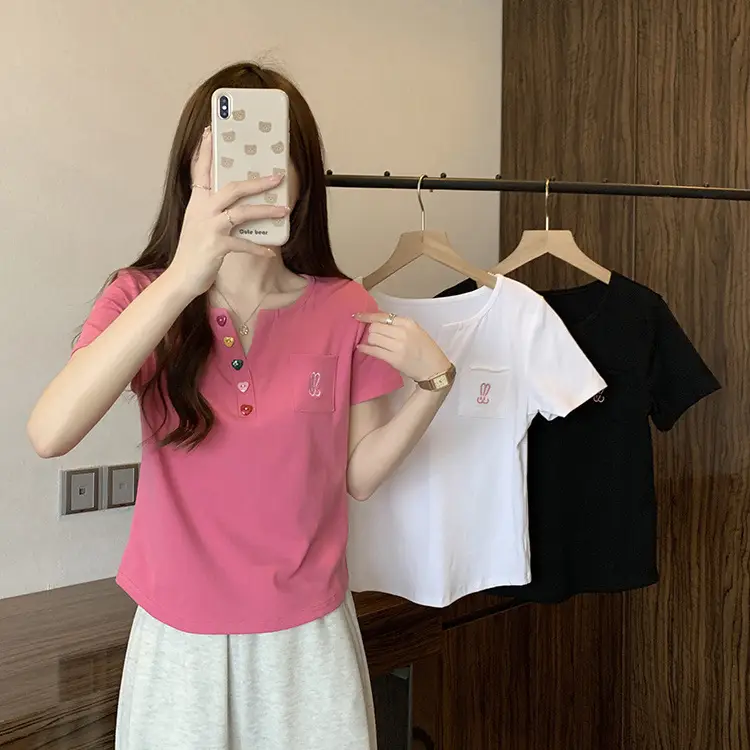Plus Size Korean Style V Neck Right Shoulder Short-Sleeved T-Shirt for Women 2024 Summer New Fat mm Loose Short Top for Small People — feature 13