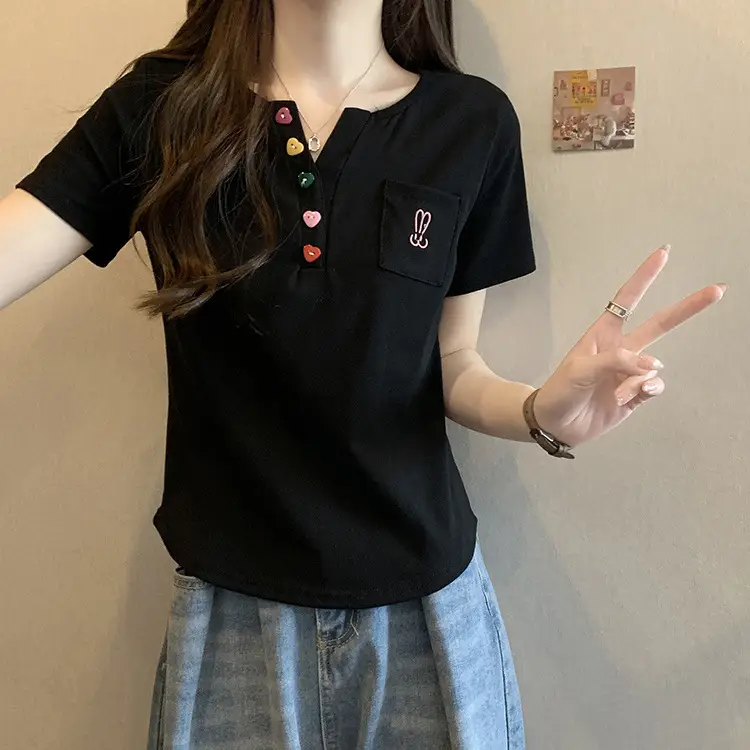Plus Size Korean Style V Neck Right Shoulder Short-Sleeved T-Shirt for Women 2024 Summer New Fat mm Loose Short Top for Small People — feature 14