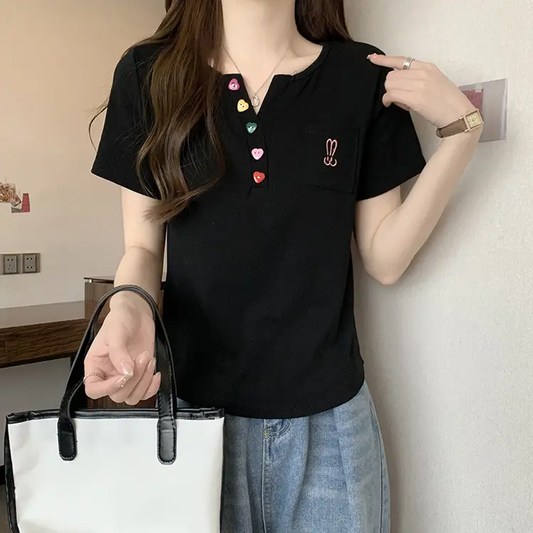 Plus Size Korean Style V Neck Right Shoulder Short-Sleeved T-Shirt for Women 2024 Summer New Fat mm Loose Short Top for Small People — feature 15