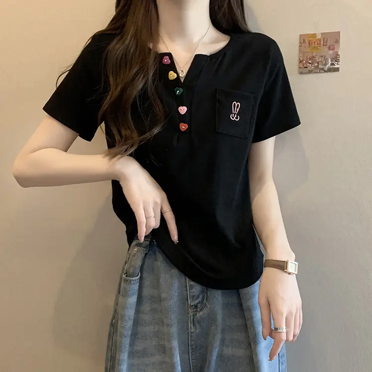 Plus Size Korean Style V Neck Right Shoulder Short-Sleeved T-Shirt for Women 2024 Summer New Fat mm Loose Short Top for Small People — feature 16
